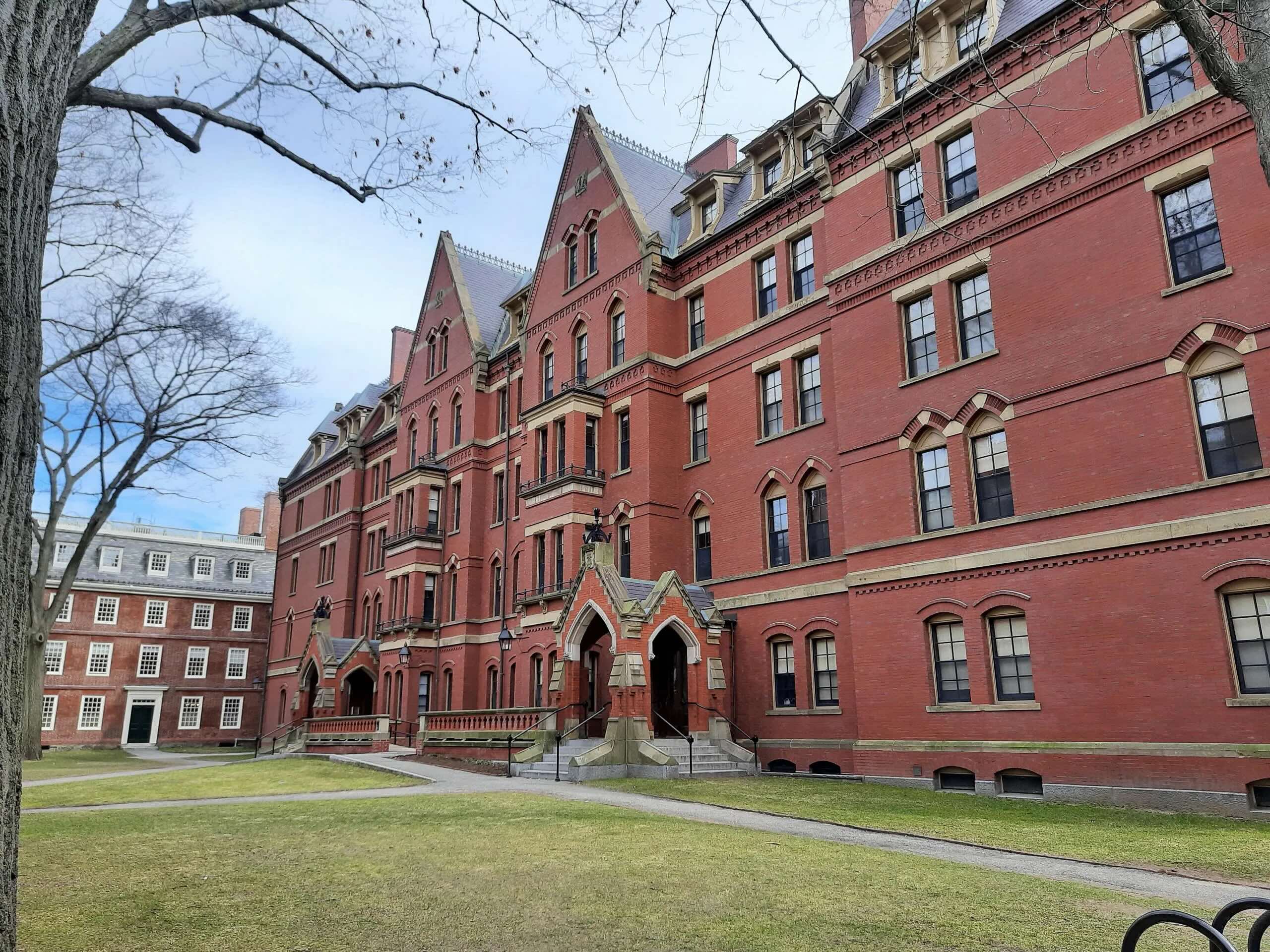 A low angle view of Matthews Hall at Harvard University